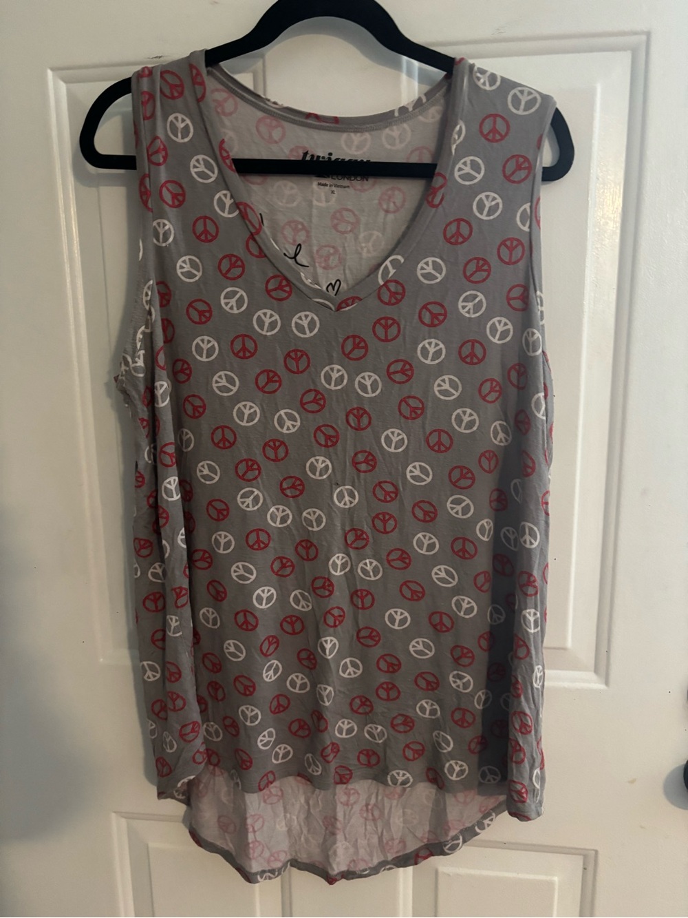 Women's Gray V-Neck Tank with Red & White Peace Sign Print